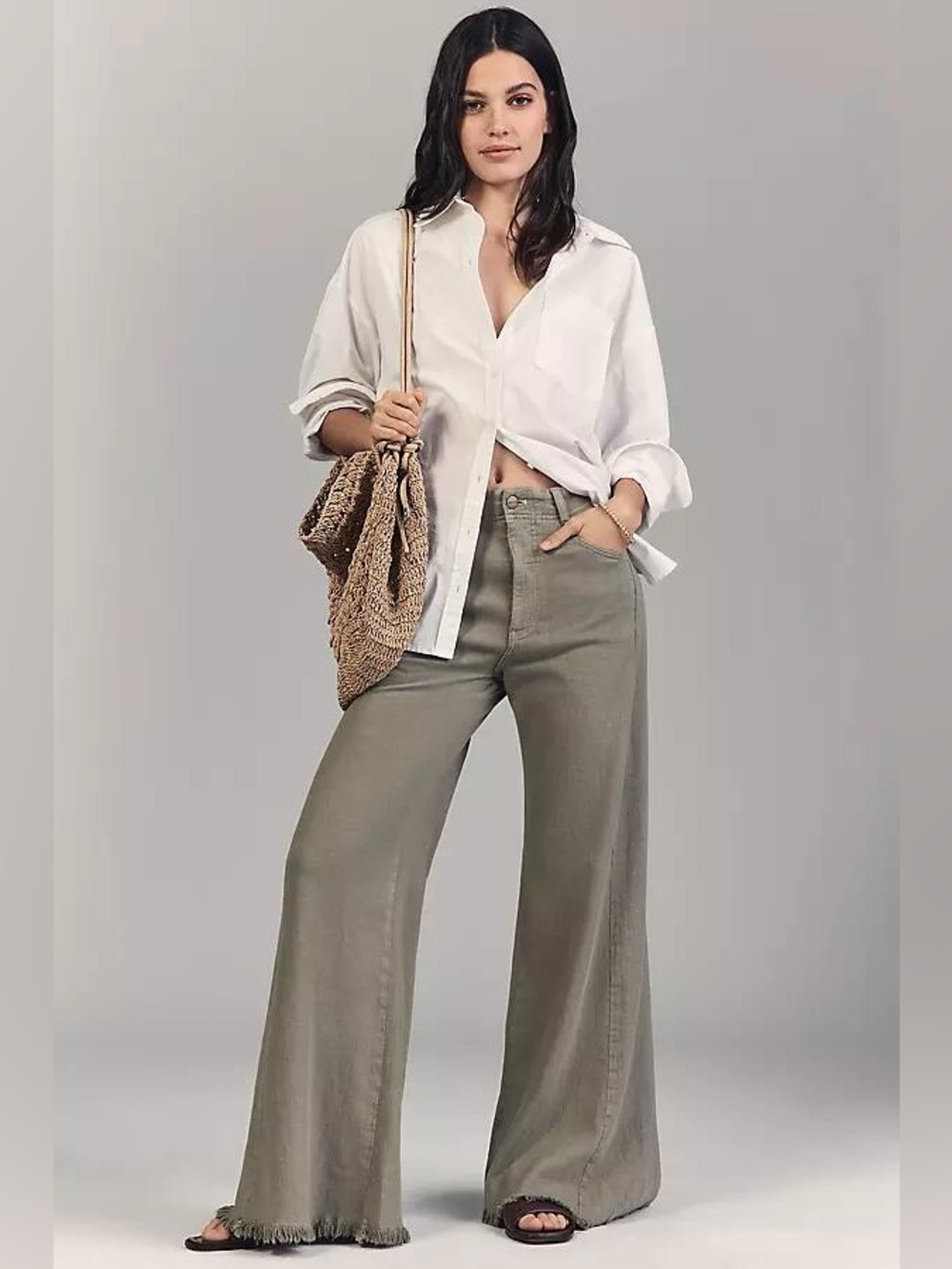 Pilcro Adi Mid-Rise Frayed Hem Relaxed Flare Pants | Linen Edition sz 27